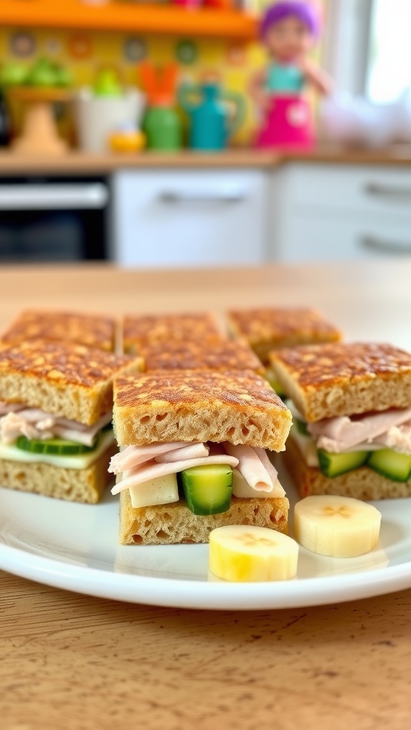 A plate of small whole grain sandwiches for toddlers with avocado, turkey, and cucumber, alongside soft fruit.
